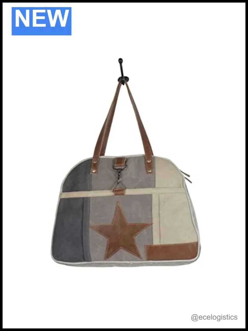 Myra Upcycled Canvas Leather Tote Bag with Zipper